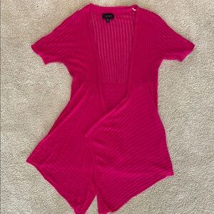 Hot pink short sleeve thin sweater cardigan, size Petite large
